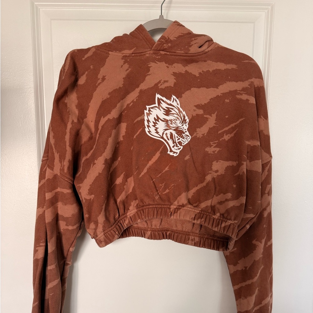 Darc Sport Brown Tie-Dye Cropped Hoodie with White Wolf Logo